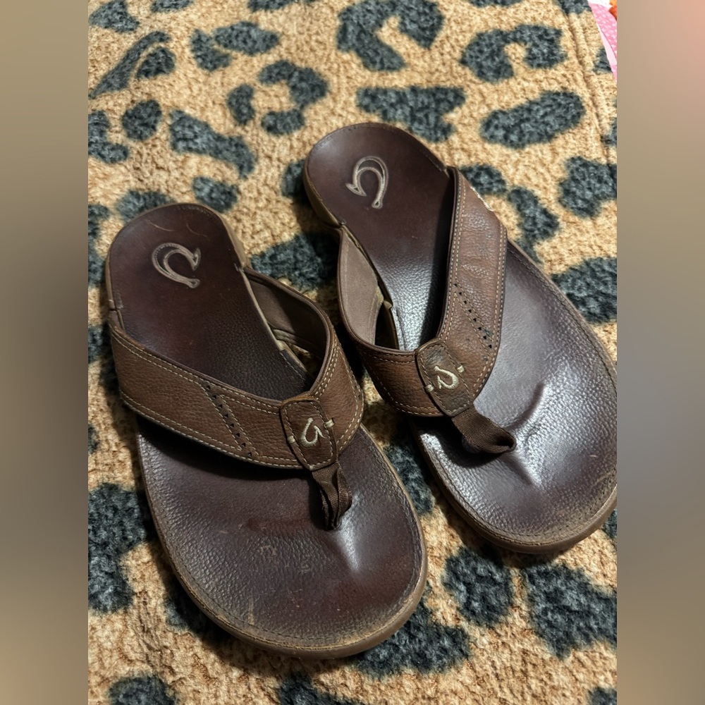 OluKai Brown Leather Flip Flops